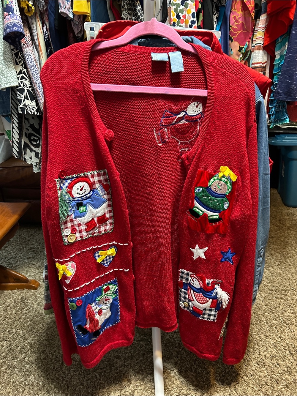 Holiday Editions Red Christmas Patchwork Cardigan Sweater Size L